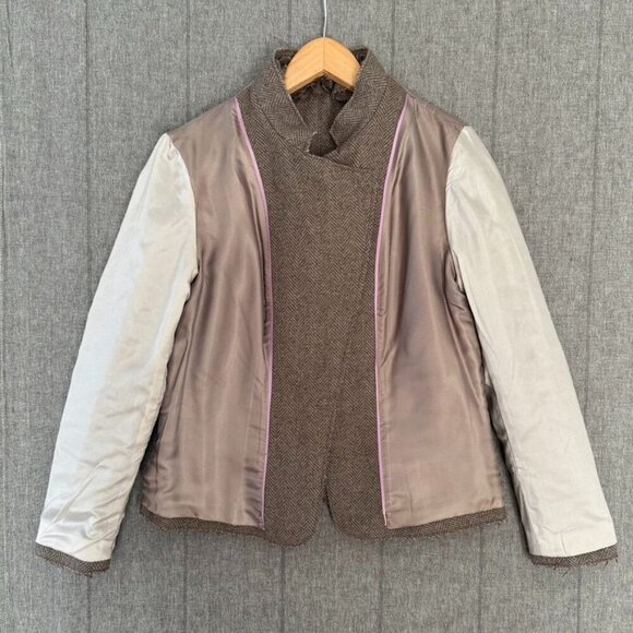 Banana Republic Taupe Ivory Wool Blend Herringbone Tweed 3D Floral Blazer 12 P - Picture 11 of 16